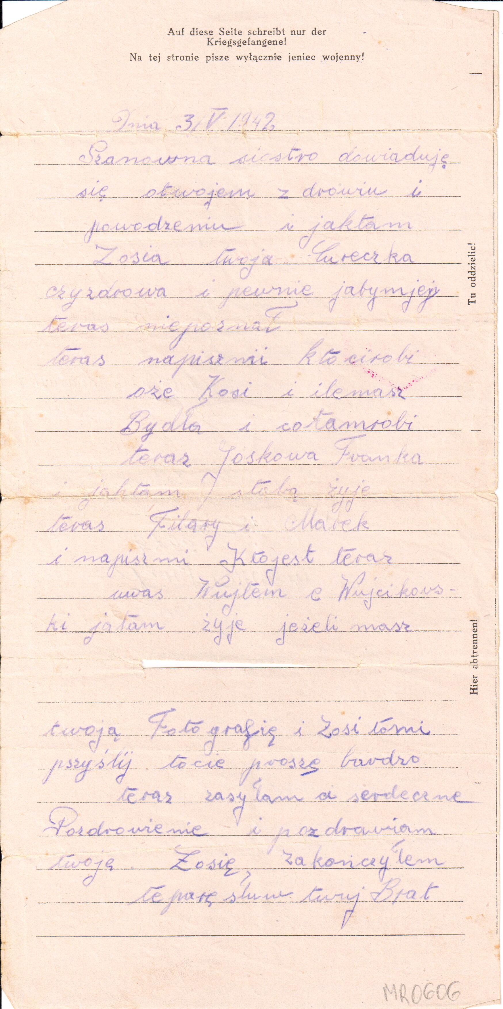 List Adama Piryta z 1942 r.