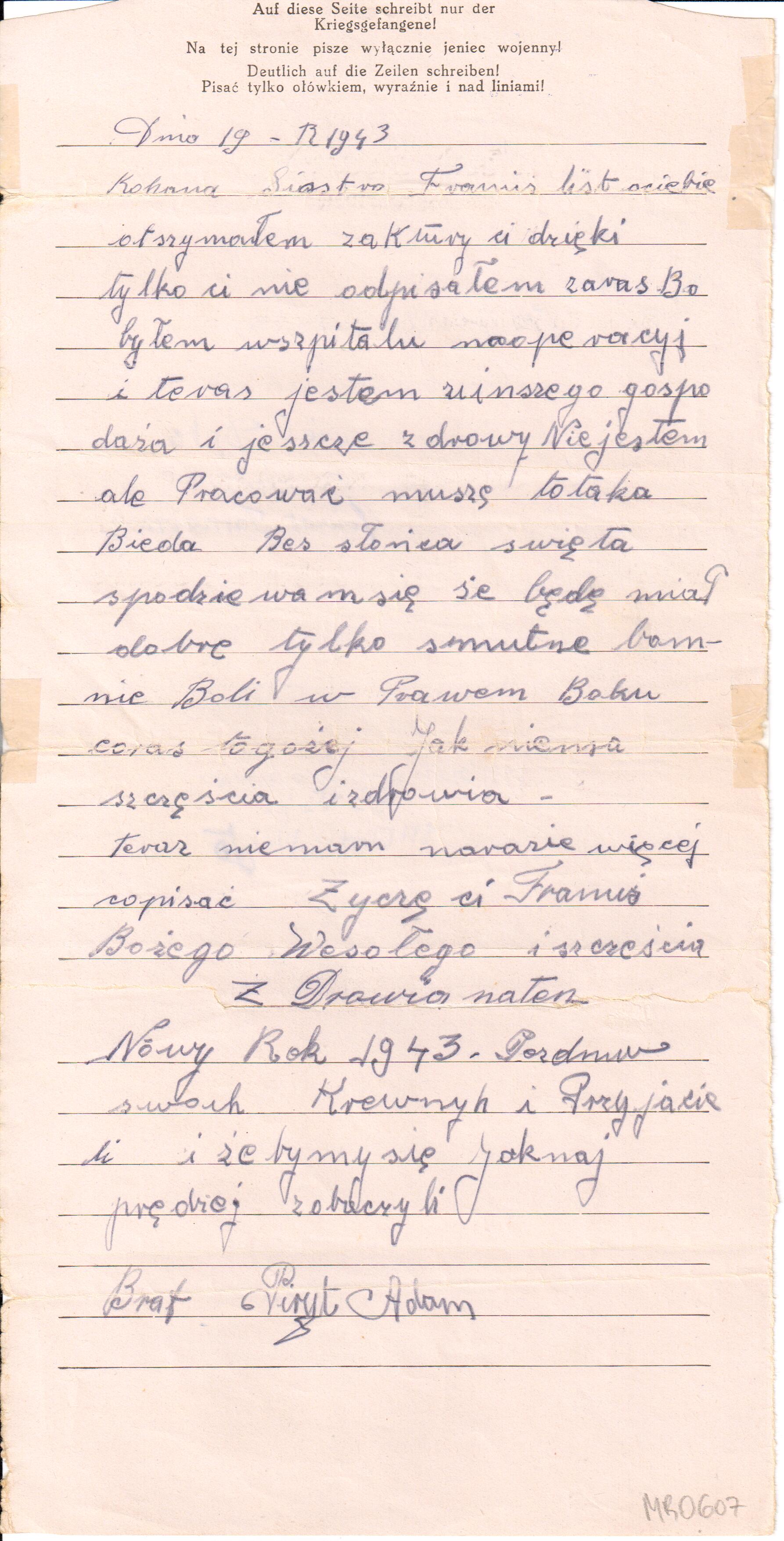 List Adama Piryta z 1943 r.