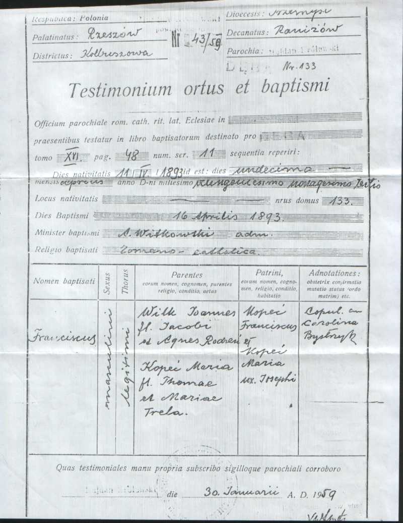 Odpis aktu urodzenia Franciszka Wilka