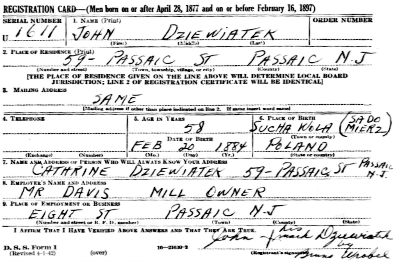 John Dziewiatek’s U.S. World War II Registration Record