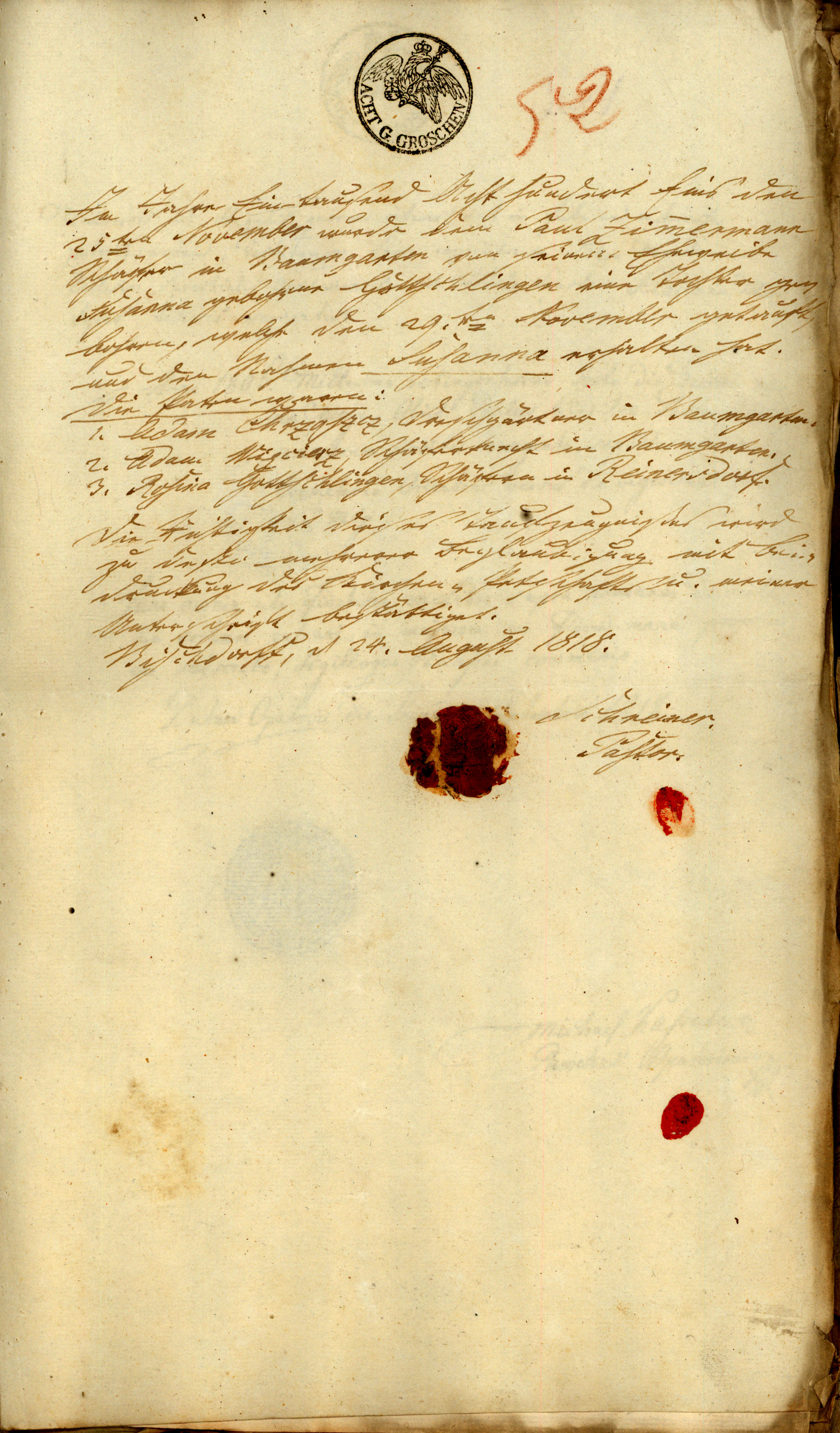 Odpis aktu chrztu Zuzanny Zimmermann z alegat (24 AUG 1818)