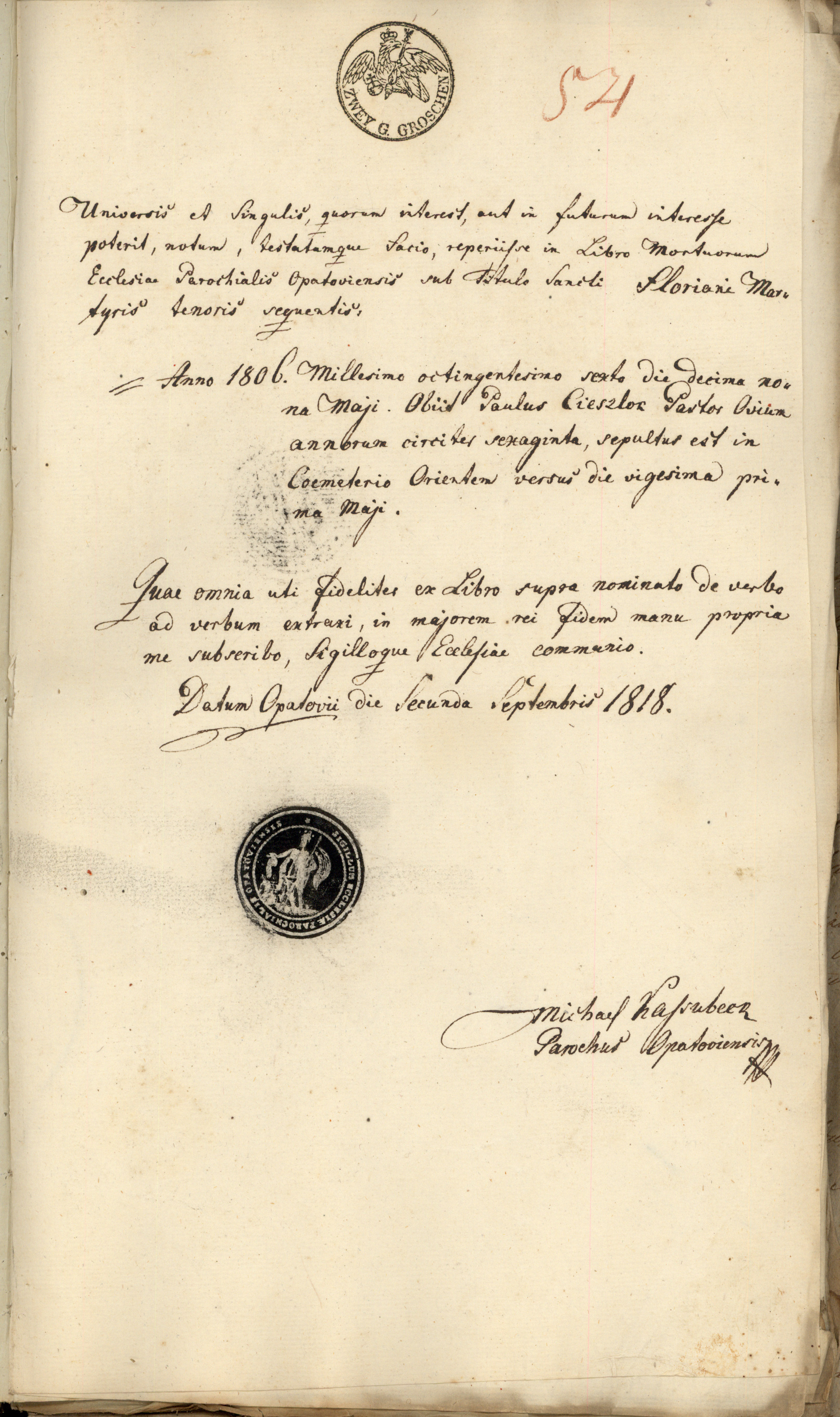 Odpis aktu zgonu Pawła Cieszloka z alegat (2 SEP 1818)
