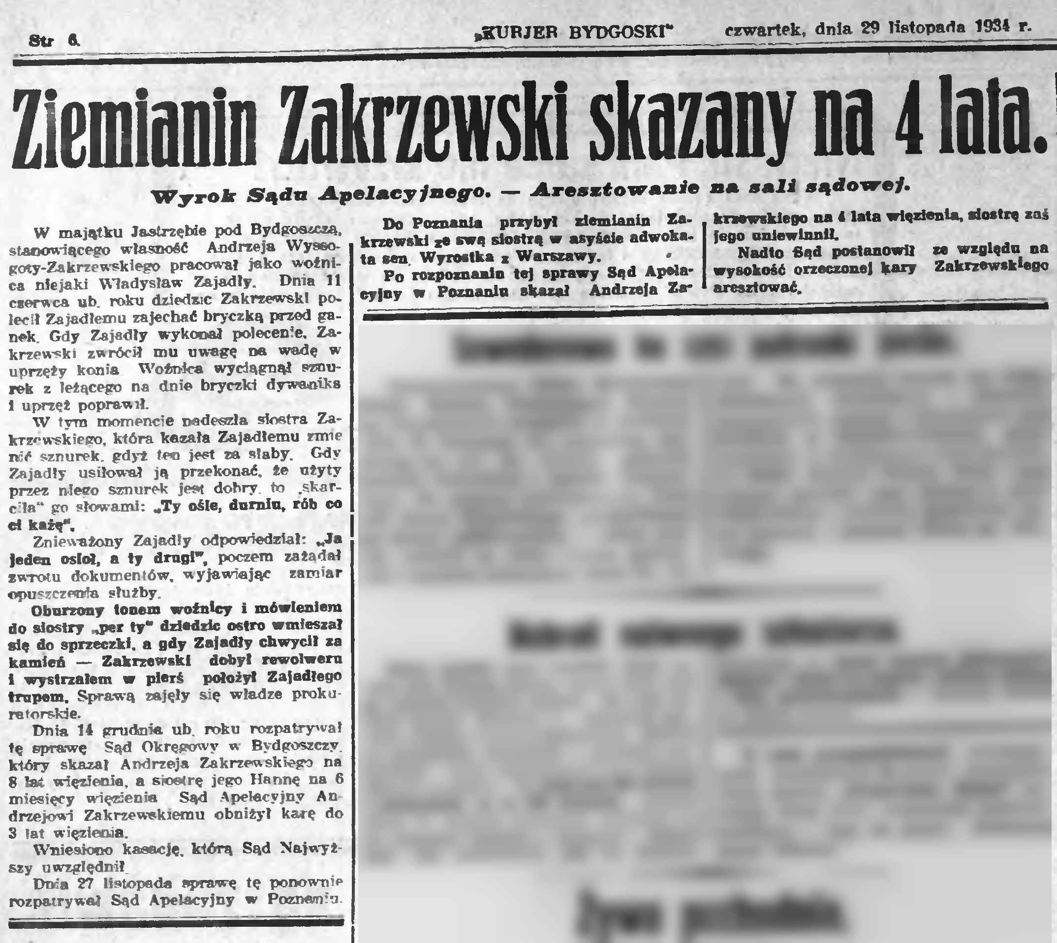 Ziemianin Z skazany na 4 lata. Wyrok Sądu Apelacyjnego – Aresztowanie na sali sądowej (29 NOV 1934)