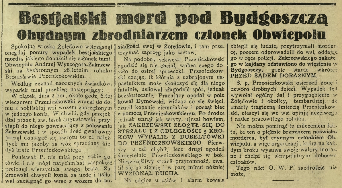 Bestjalski mord pod Bydgoszczą. Ohydbym zbrodniarzem członek Obwiepolu (6 OCT 1931)