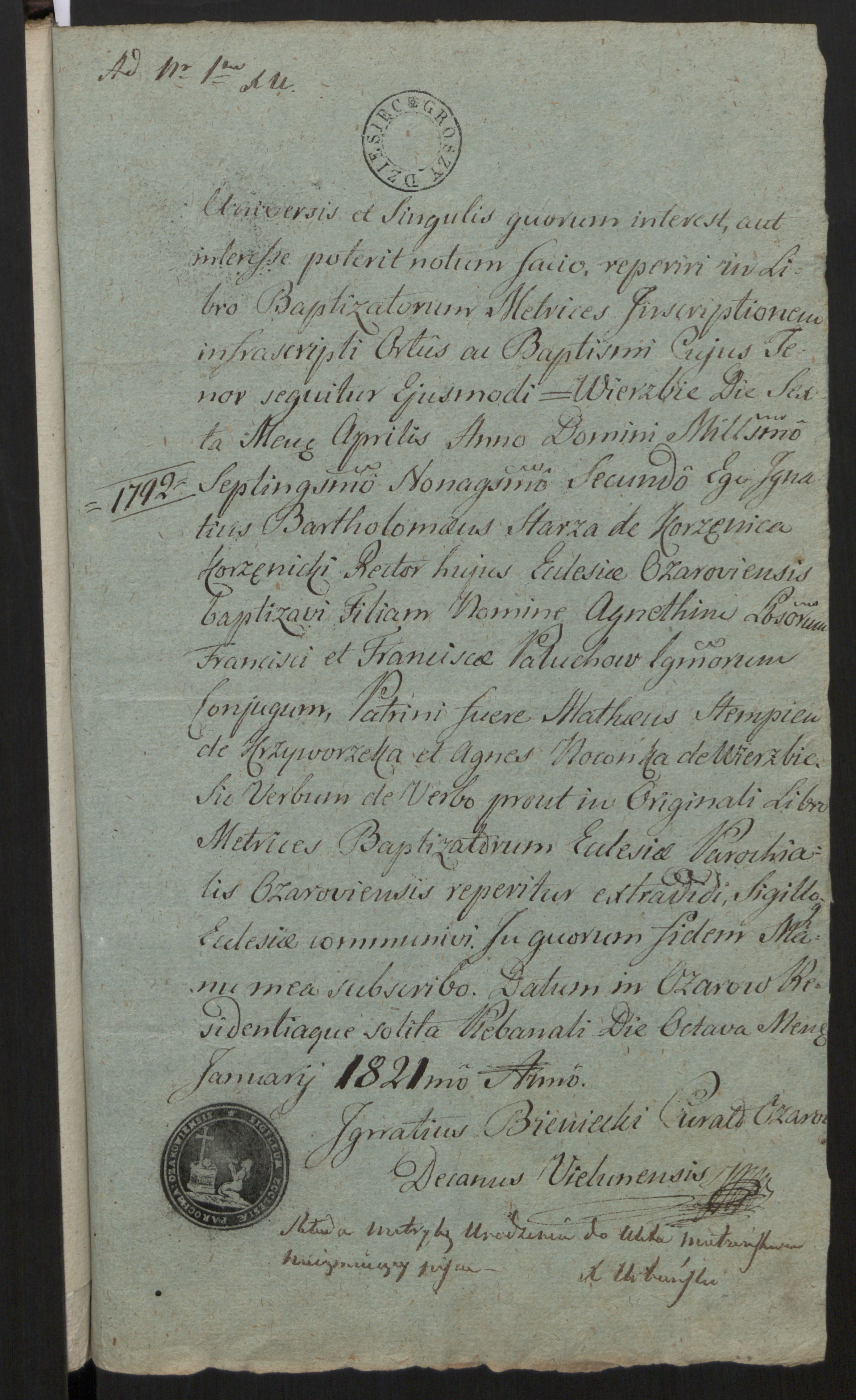 Odpis aktu chrztu Agnieszki Róży Paluszak z alegat (8 JAN 1821)