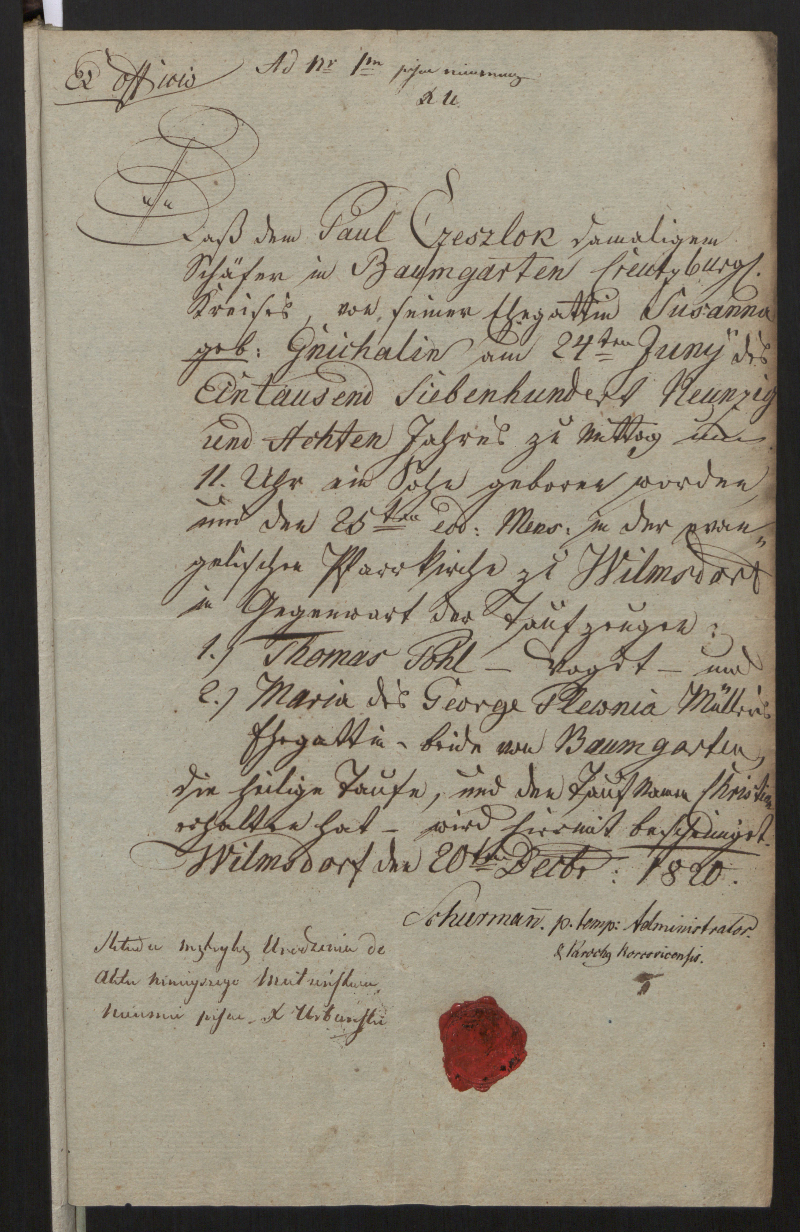 Odpis aktu chrztu Krystiana Cieślaka z alegat (20 DEC 1820)