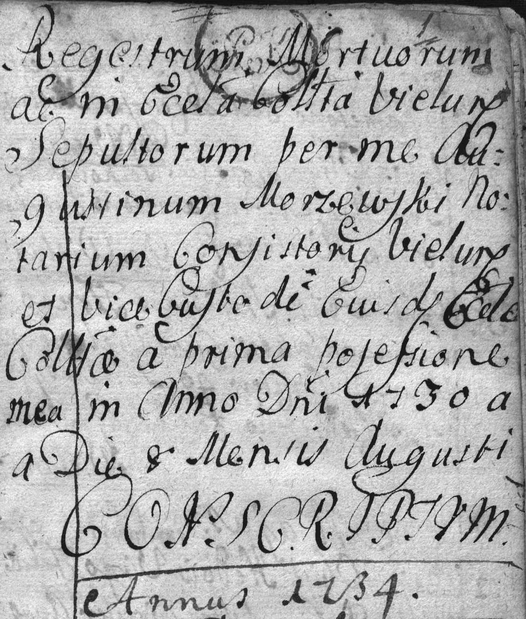 Regestrum mortuorum ac in ecclesia Colegiata Vielunen sepulatorum per me Augustinum Morzewski notarium Consistiorii Vielunenses […] anno Domini 1730 [1 XII 1734 – 24 I 1771]