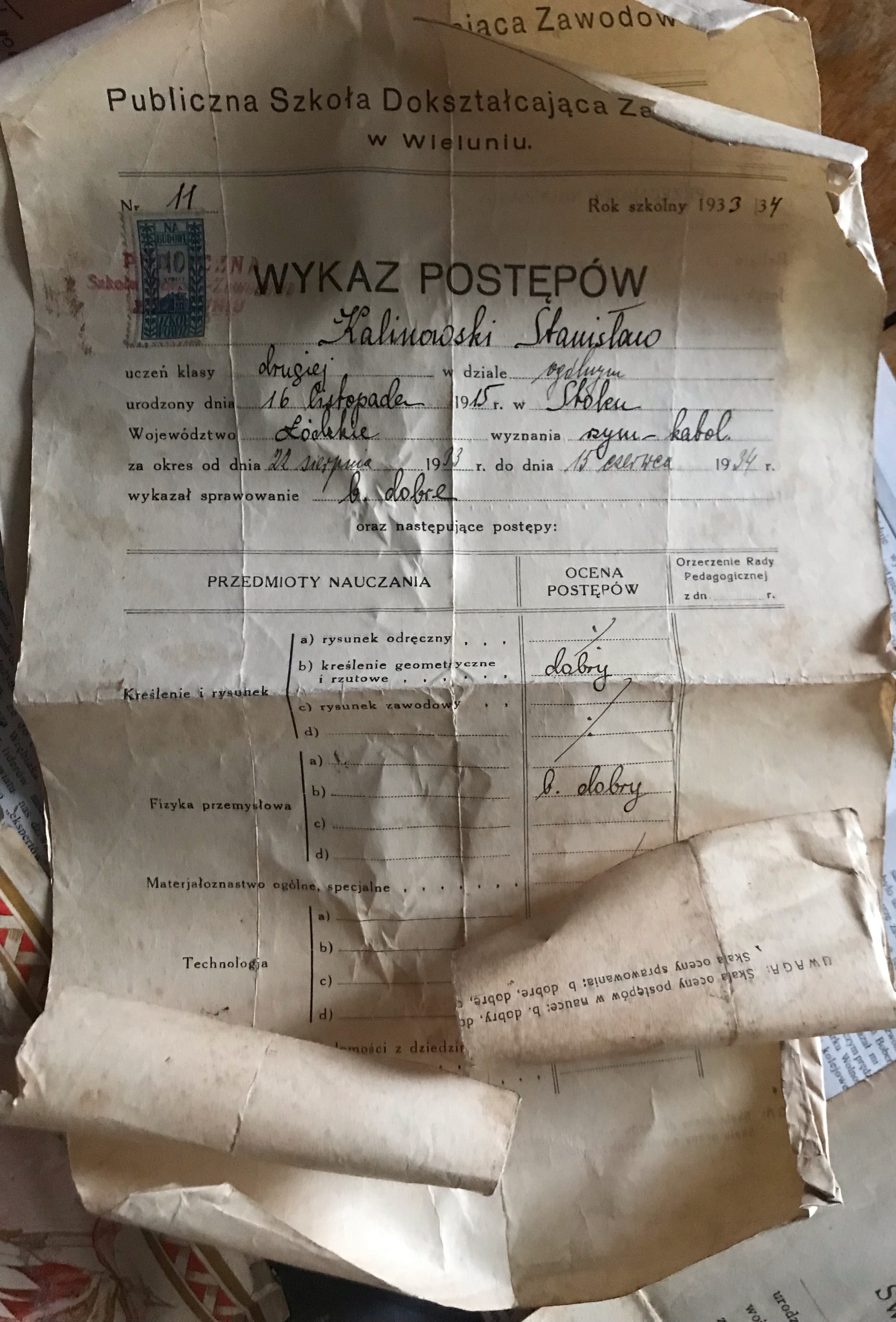 Wykaz postępów Stanisława Kalinowskiego w Publicznej Szkole Dokształcającej Zawodowej (22 AUG 1933 »» 15 JUN 1934)