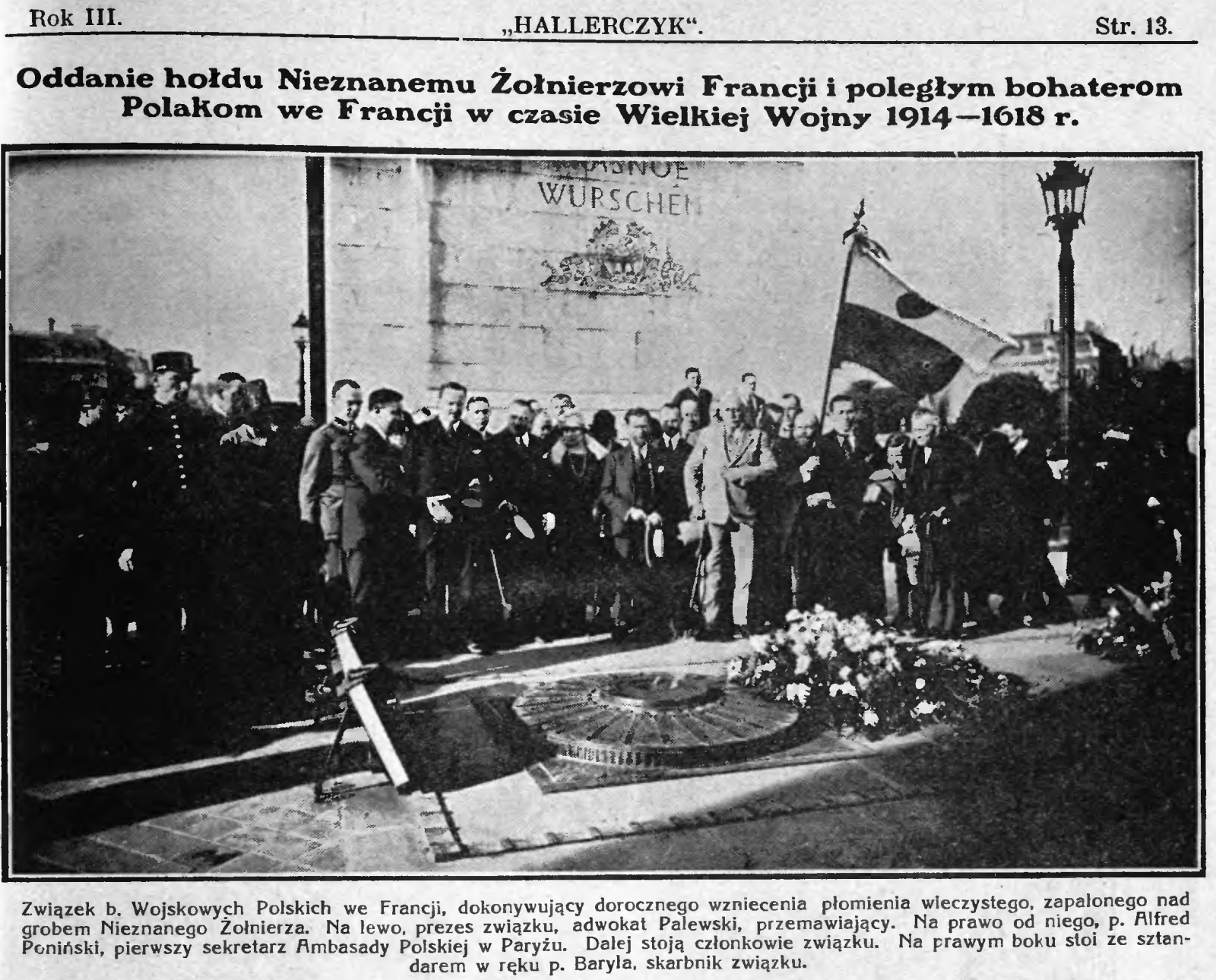 Oddanie hołdu Nieznanemu Żołnierzowi Francji i poległym bohaterom Polakom we Francji w czasie Wielkiej Wojny 1914–1618 (sic!) r. (20 JUN 1925)