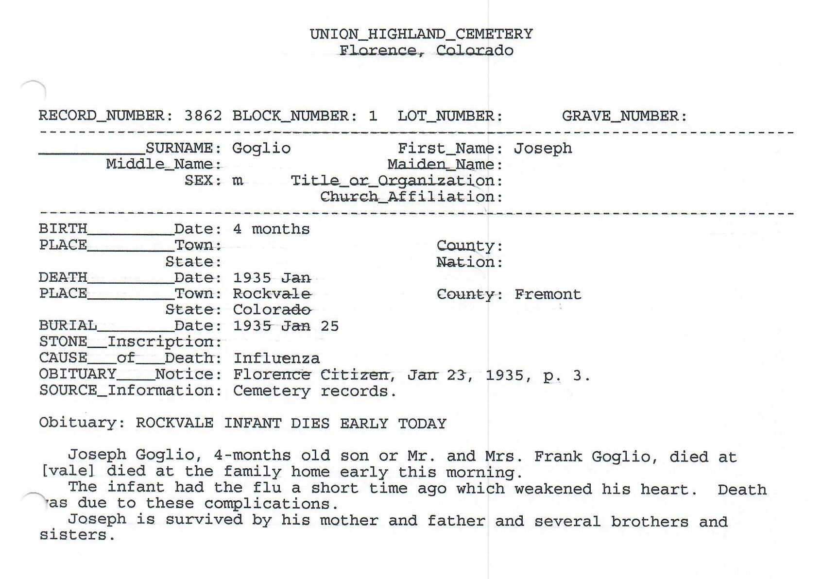 Joseph Goglio’s cemetery grave record