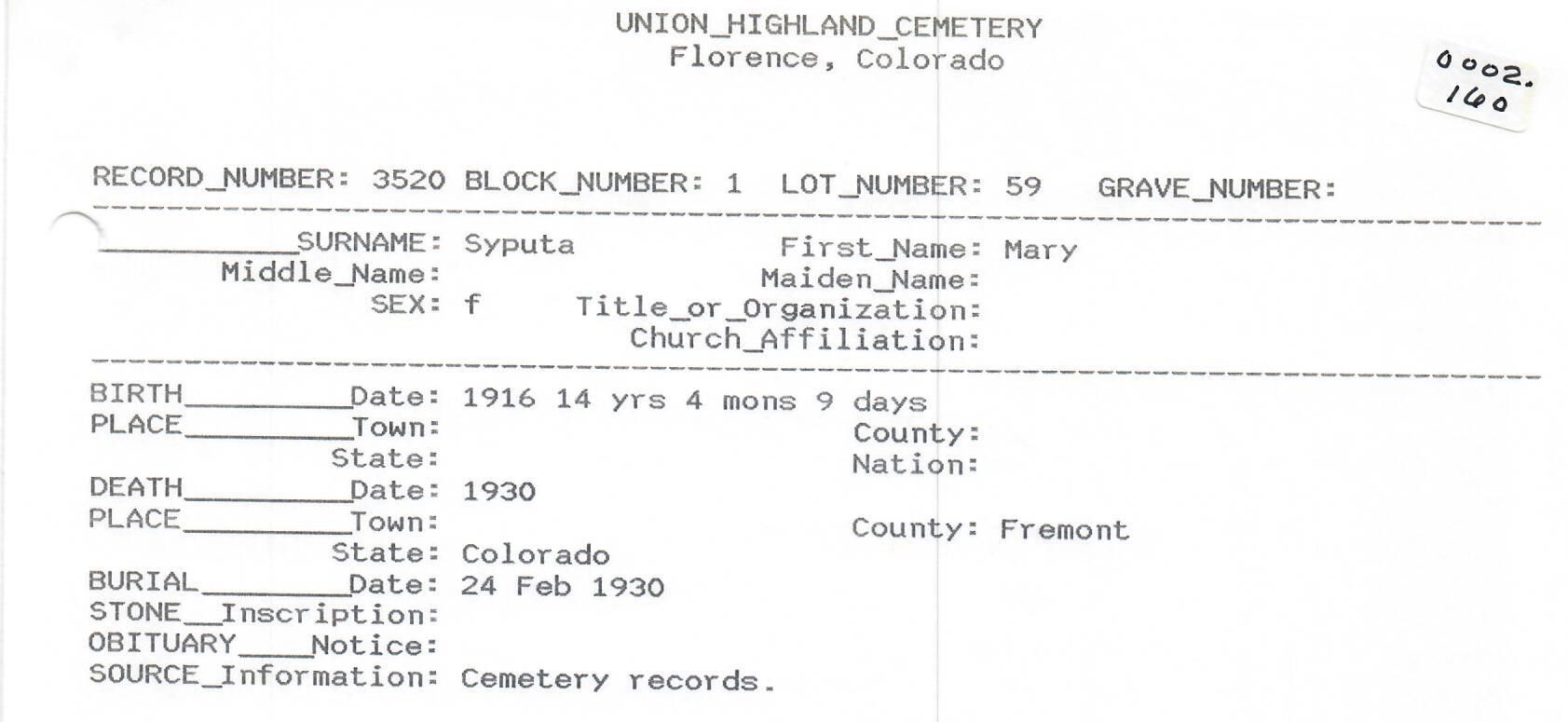 Mary Syputa Jr.’s cemetery grave record