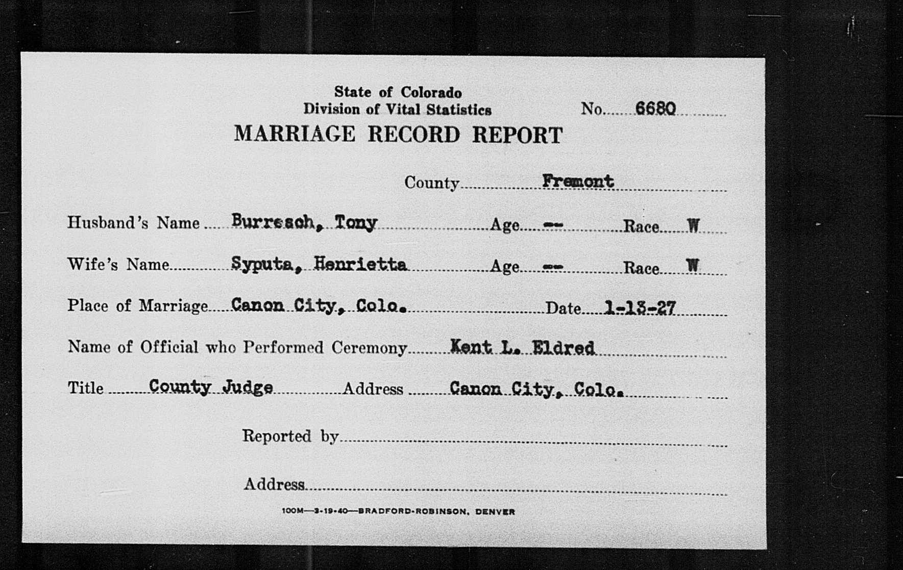 Marriage record report of Tony Burresch and Henrietta Syputa