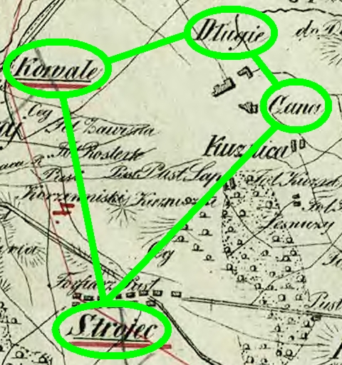 okolice Praszki na Mappie powiatu wieluńskiego — Długie, Gana, Strojec, Kowale — 1847 »» 1866 [Praszka-MR16478] (1847 »» 1866)